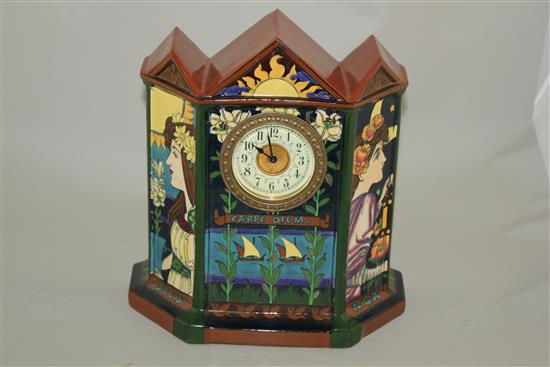 Frederick Rhead for Foley. An Intarsio ware mantel clock, c.1900 29cm, slight restoration
